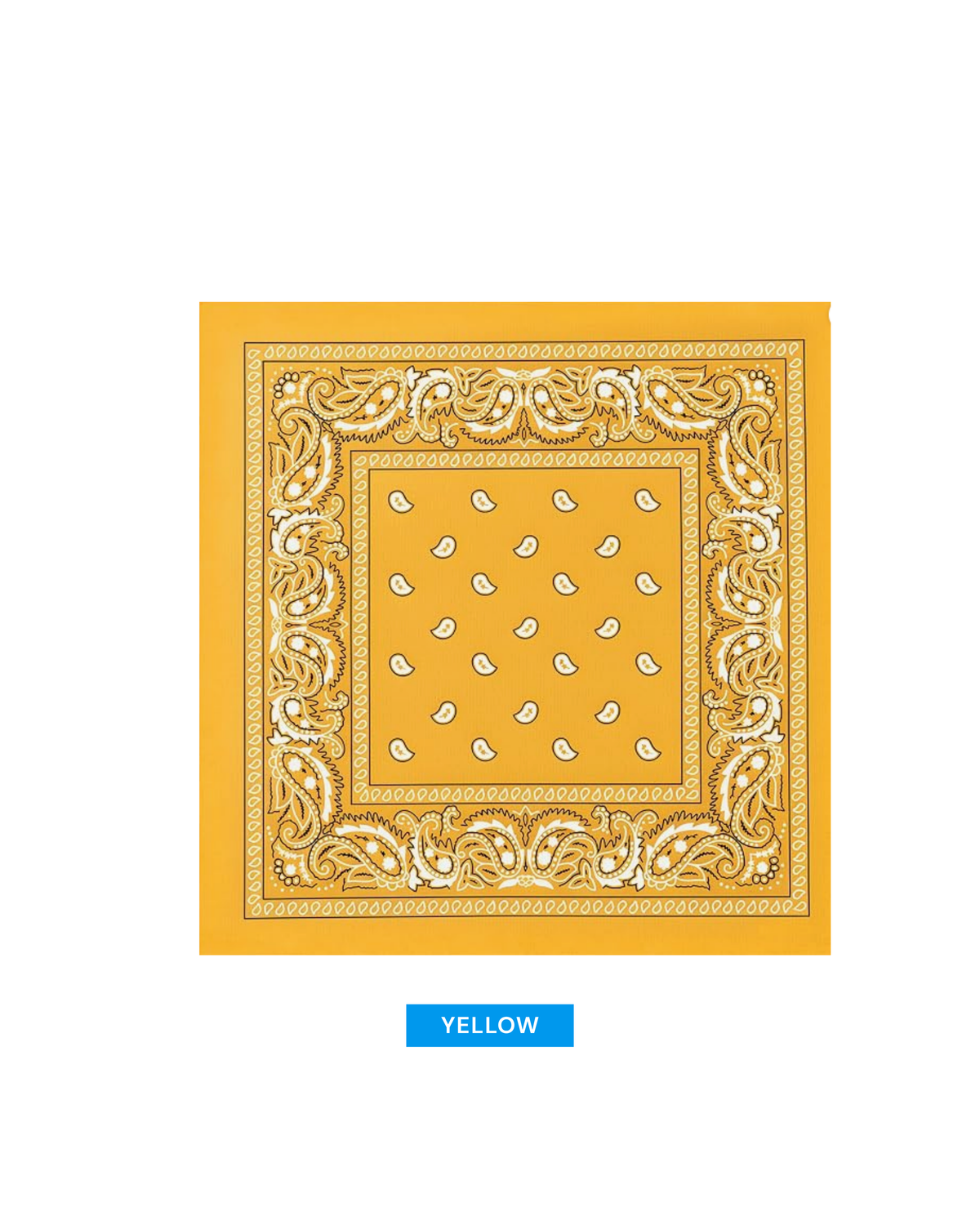 A square yellow bandana with a white ornate border and small white paisley motifs, shown on a white background with a blue label below reading YELLOW.
