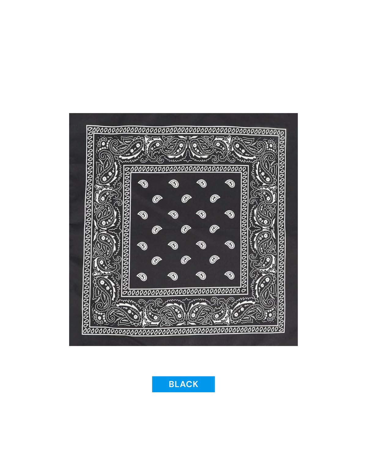 A black bandana with a white paisley pattern, shown flat against a white background with a blue label below reading 'BLACK'.