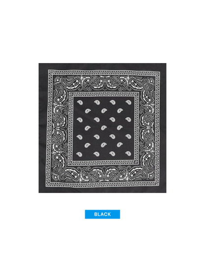A black bandana with a white paisley pattern, shown flat against a white background with a blue label below reading 'BLACK'.