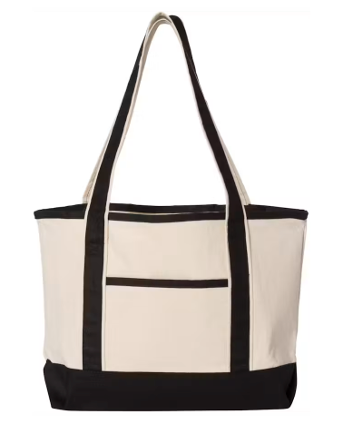 Natural canvas tote bag with black shoulder straps, trim, base, and front pocket.