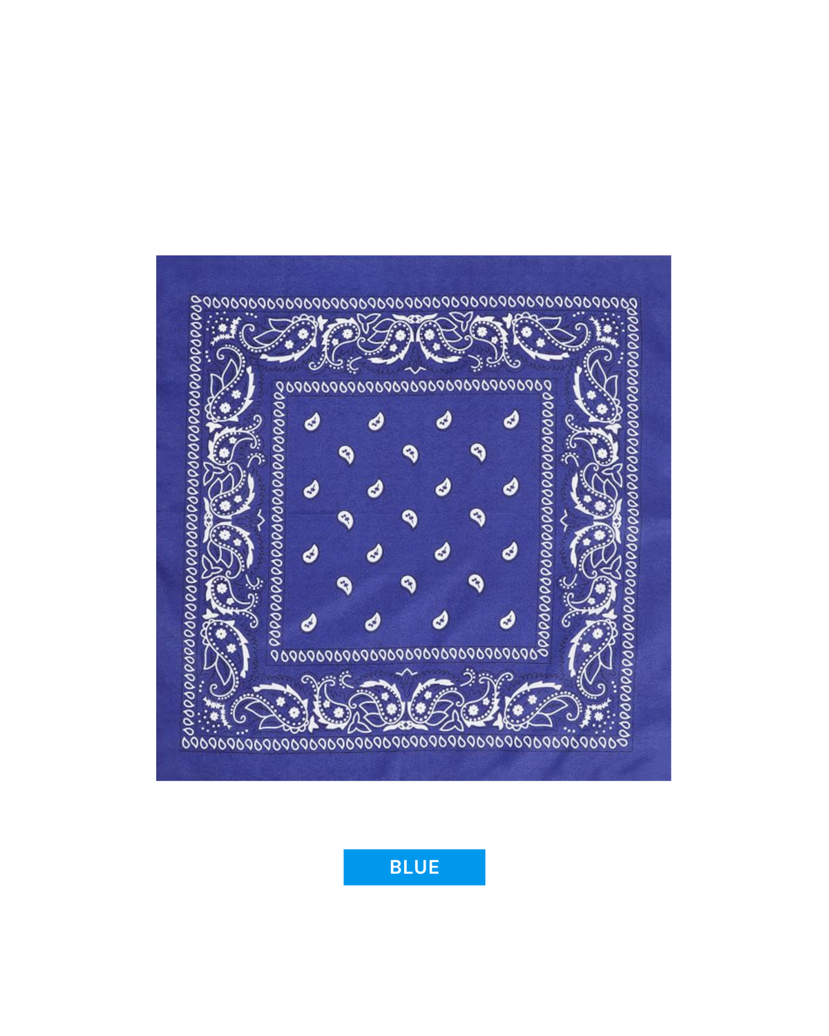 A square blue bandana with a white paisley border and central paisley pattern, shown on a plain white background with a small blue label below reading BLUE.