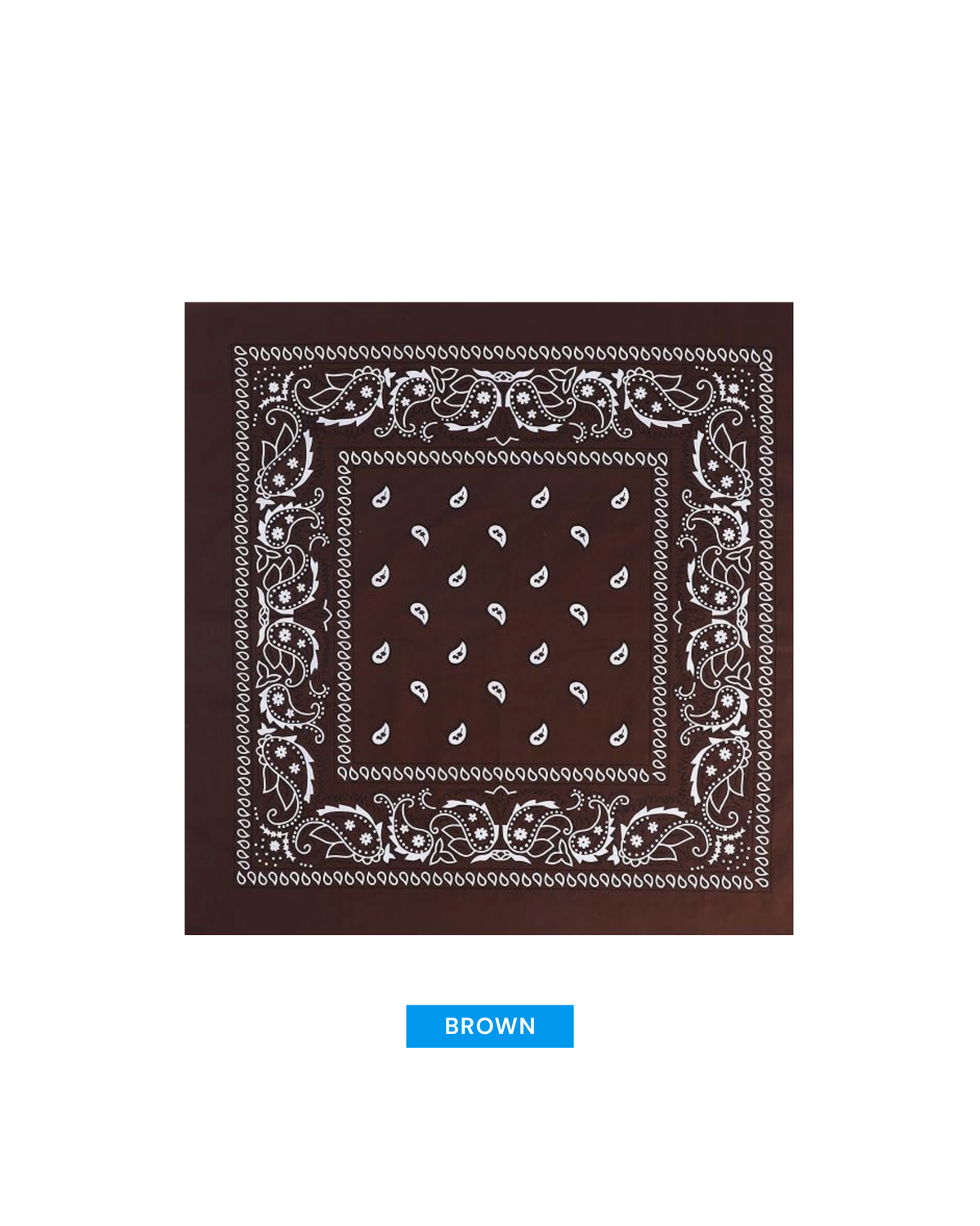 A square brown bandana with a white paisley and scroll border pattern, shown on a white background with a blue label below reading BROWN.