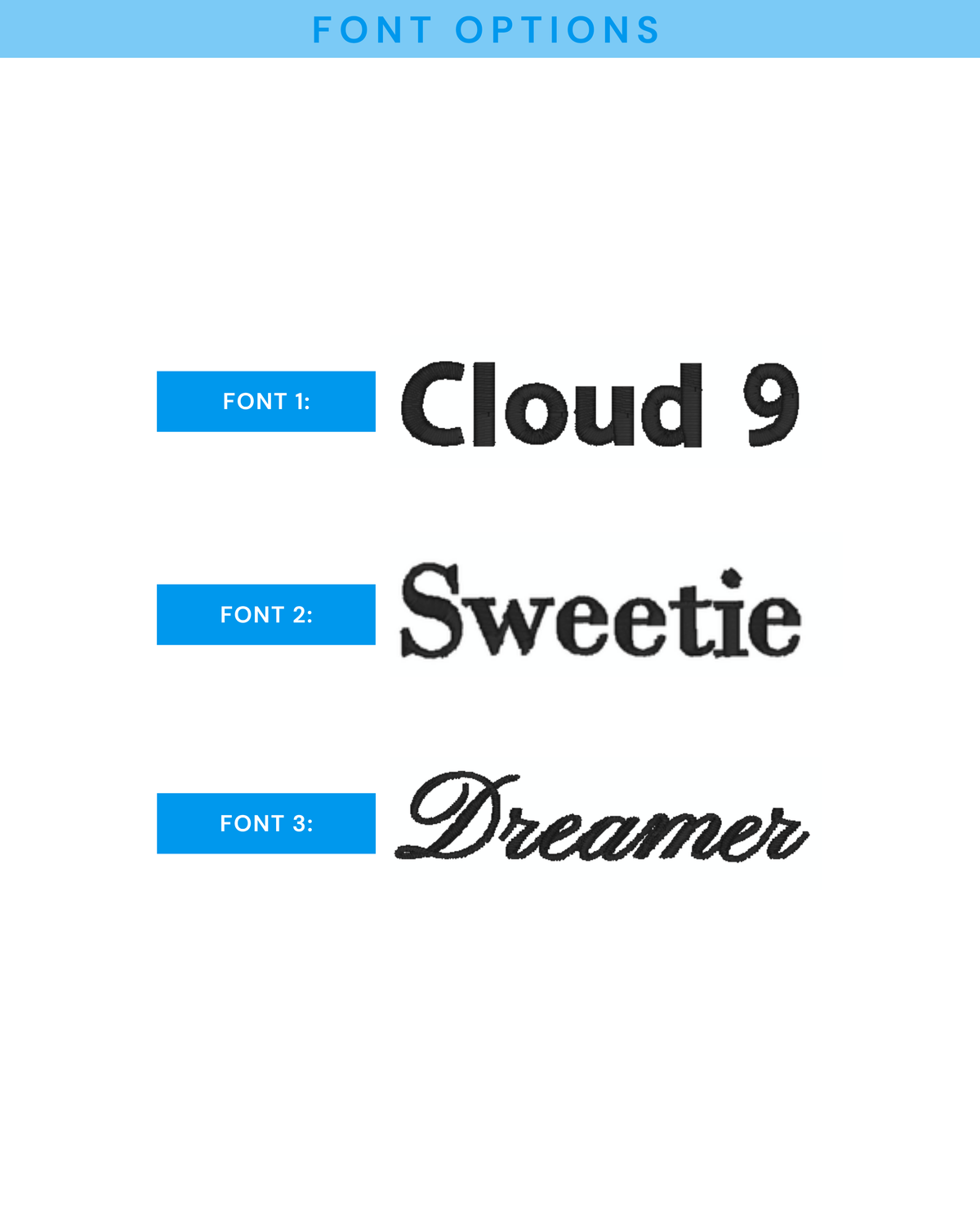 A digital graphic showing font options labeled FONT 1, FONT 2, and FONT 3, with sample text 'Cloud 9', 'Sweetie', and 'Dreamer' in black typography on a white background with a light blue header.