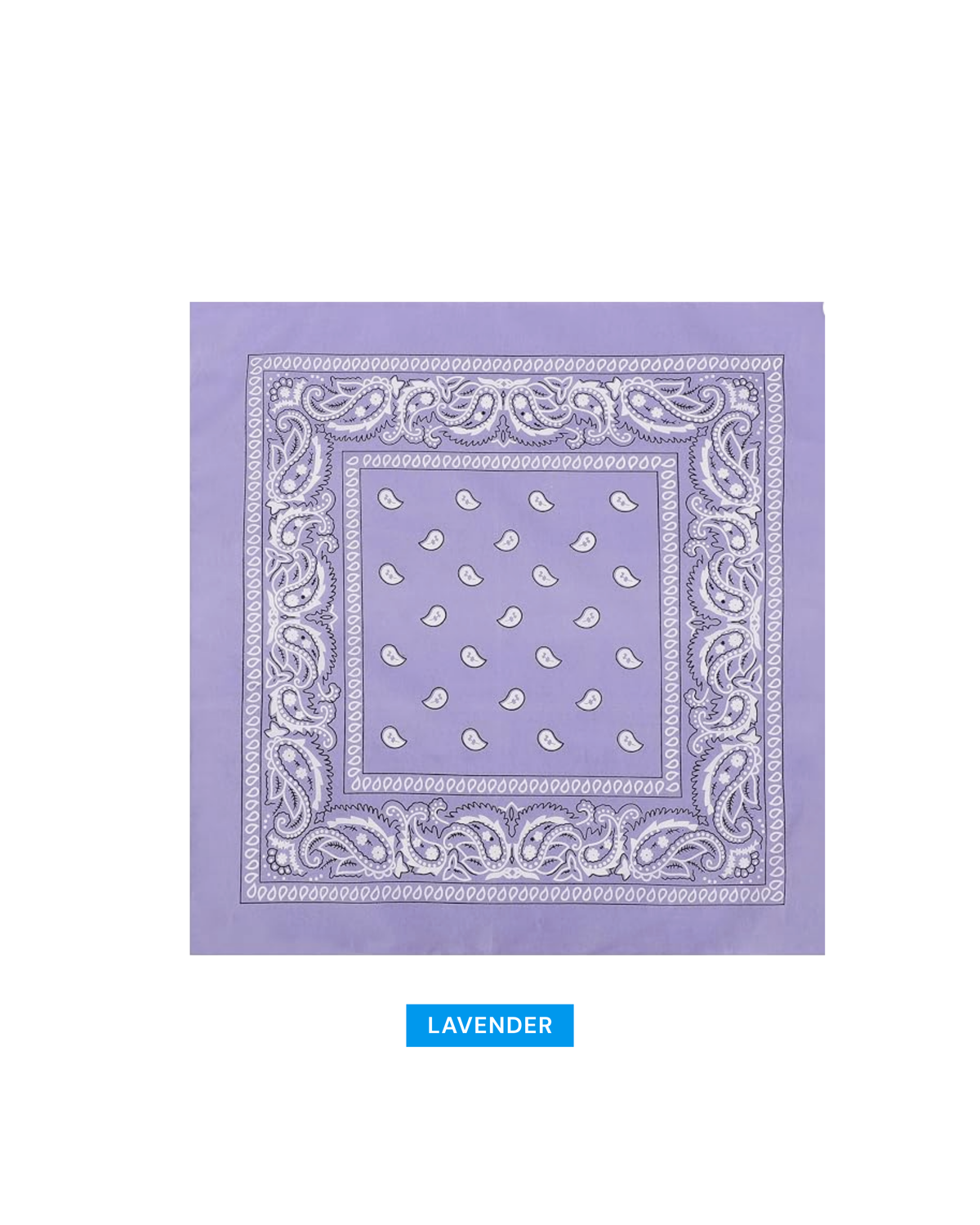 A lavender bandana with a white paisley border and small white paisley motifs in the center, shown on a white background with a blue label below reading 'LAVENDER'.