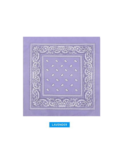 A lavender bandana with a white paisley border and small white paisley motifs in the center, shown on a white background with a blue label below reading 'LAVENDER'.