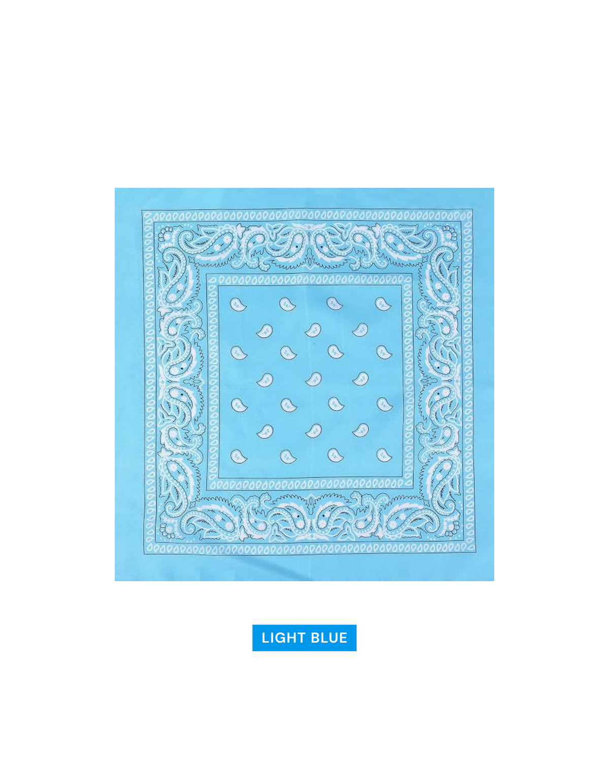 A light blue bandana with a white paisley pattern and ornate border, shown flat against a white background with a 'LIGHT BLUE' color label below.
