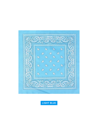 A light blue bandana with a white paisley pattern and ornate border, shown flat against a white background with a 'LIGHT BLUE' color label below.