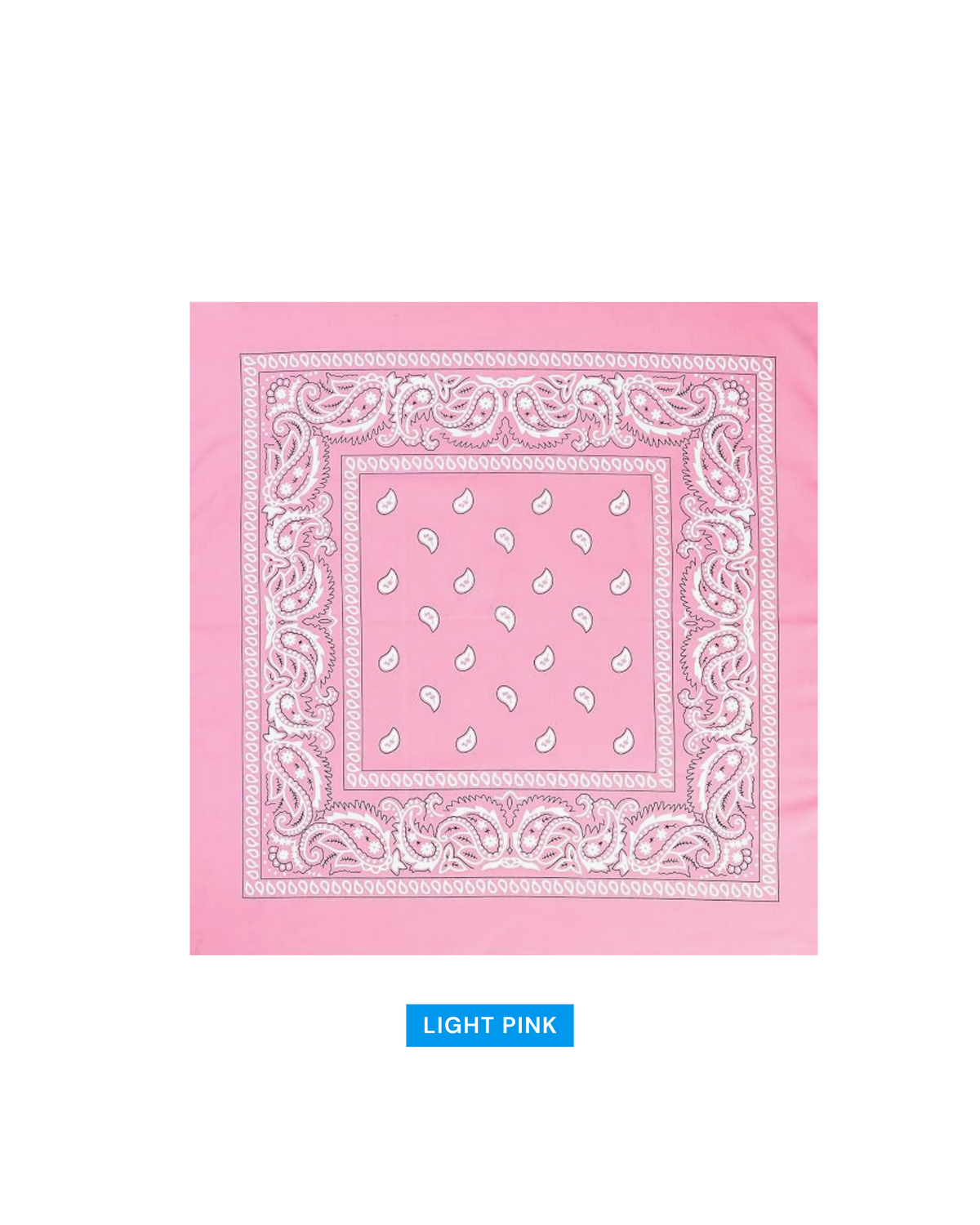 A light pink bandana with a white paisley border and center pattern, displayed flat against a white background with a blue label reading 'LIGHT PINK' underneath.