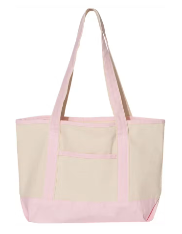 Natural canvas tote bag with light pink shoulder straps, trim, and base.