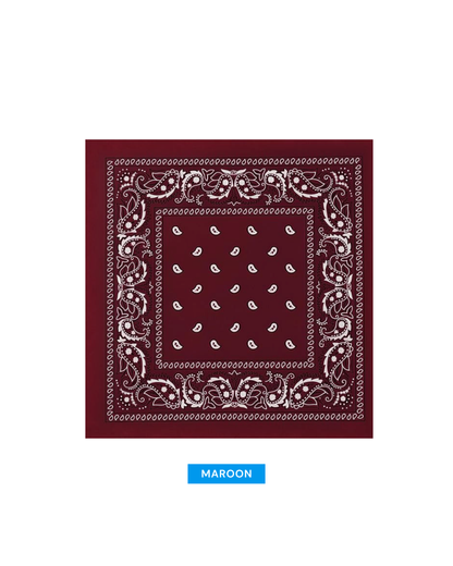 A square bandana in maroon with a white paisley border and small white paisley motifs in the center, shown on a white background with a blue label below reading MAROON.