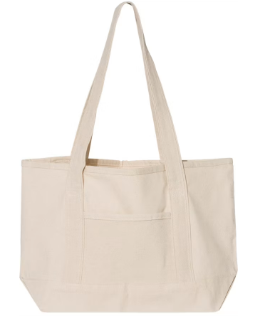 Natural canvas tote bag with matching shoulder straps and an exterior front pocket.