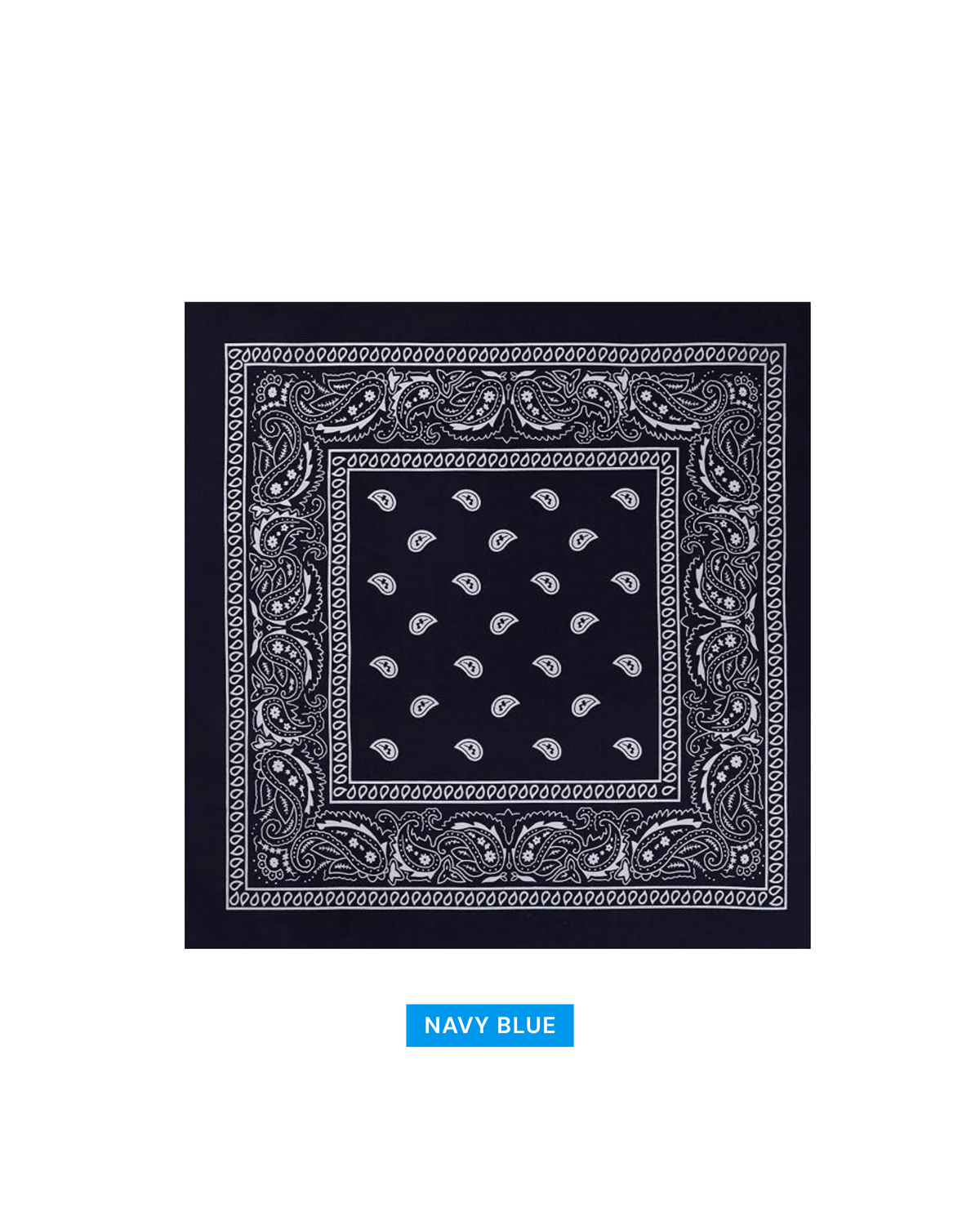 A square navy blue bandana with a white paisley border and pattern, shown flat against a white background with a blue label below reading 'NAVY BLUE'.
