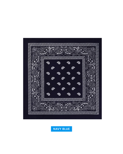 A square navy blue bandana with a white paisley border and pattern, shown flat against a white background with a blue label below reading 'NAVY BLUE'.
