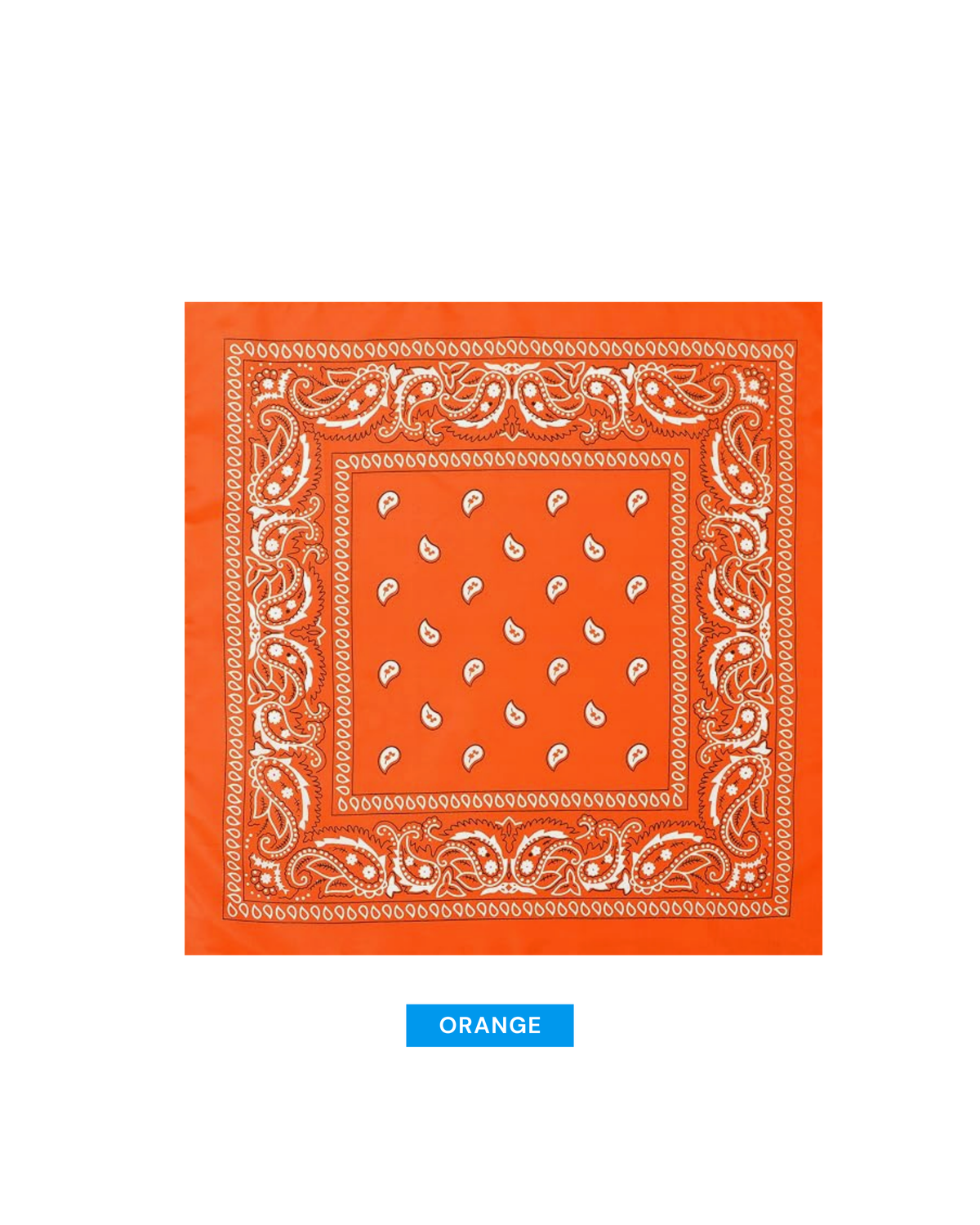An orange bandana with a white paisley pattern and decorative border, shown flat against a white background with a blue label below reading ORANGE.