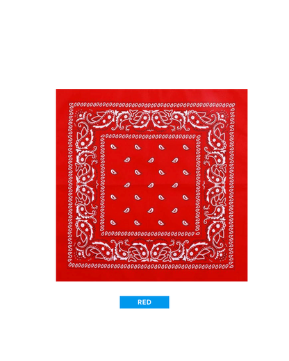 A red bandana with a white paisley pattern and decorative border, shown flat against a white background with a blue label below reading 'RED'.