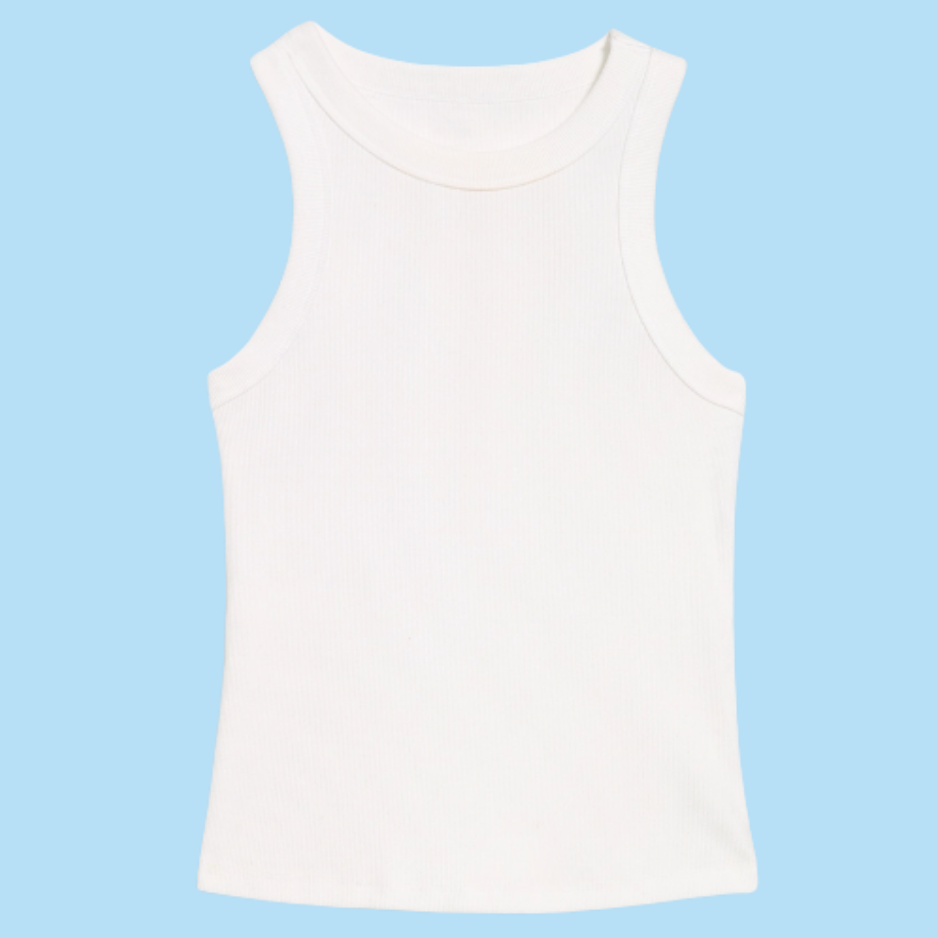 A plain white sleeveless tank top with a wide crew neck, shown flat against a solid light blue background.