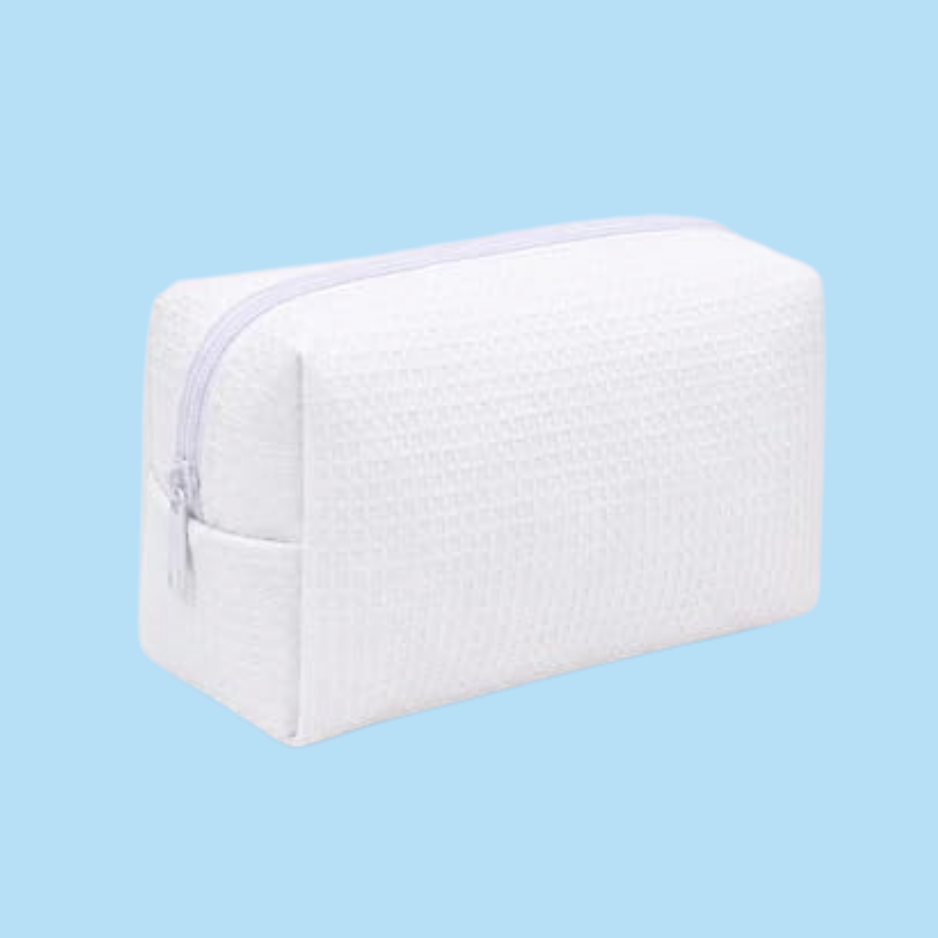A white textured zippered pouch with a light purple zipper, shown on a solid light blue background.